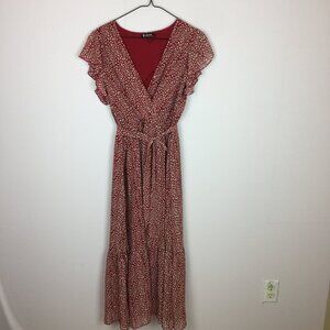 BTFBM Maxi Wrap Dress Size S Womans Red Animal Print Belted Boho Flutter Sleeve
